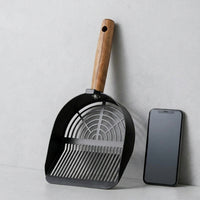 Wooden Handle 10th Gen Stainless Steel Silver Slotted Round Hole and 10th Gen Upgraded Carbon Steel Grey Slotted Round Hole litter sifter waste
