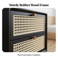 Bedside Cabinet with Rattan Drawer Japanese design End Table Woven Front