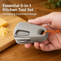 Multi Tool Can Opener, Manual Can Opener with Bottle Opener, Stainless Steel 5-Piece Kitchen Tool Set, Silver Black Portable for Campers