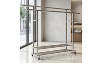 Metal Double Rod Garment Rack with Wheels Mobile Freestanding Clothes Rack with Shoe Storage Portable Furniture Space-Saving for Balcony