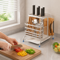 304 Stainless Steel Utensil Holder, Kitchen Organizer for Countertop, Multi-functional Space Saving Rack with Pot Lid & Chopstick Holder