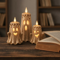 Stone-Look Ghost Flameless Candles Spooky Ghost Candle Halloween Candle with LED Flame Battery-Operated for Mantel, Tabletop
