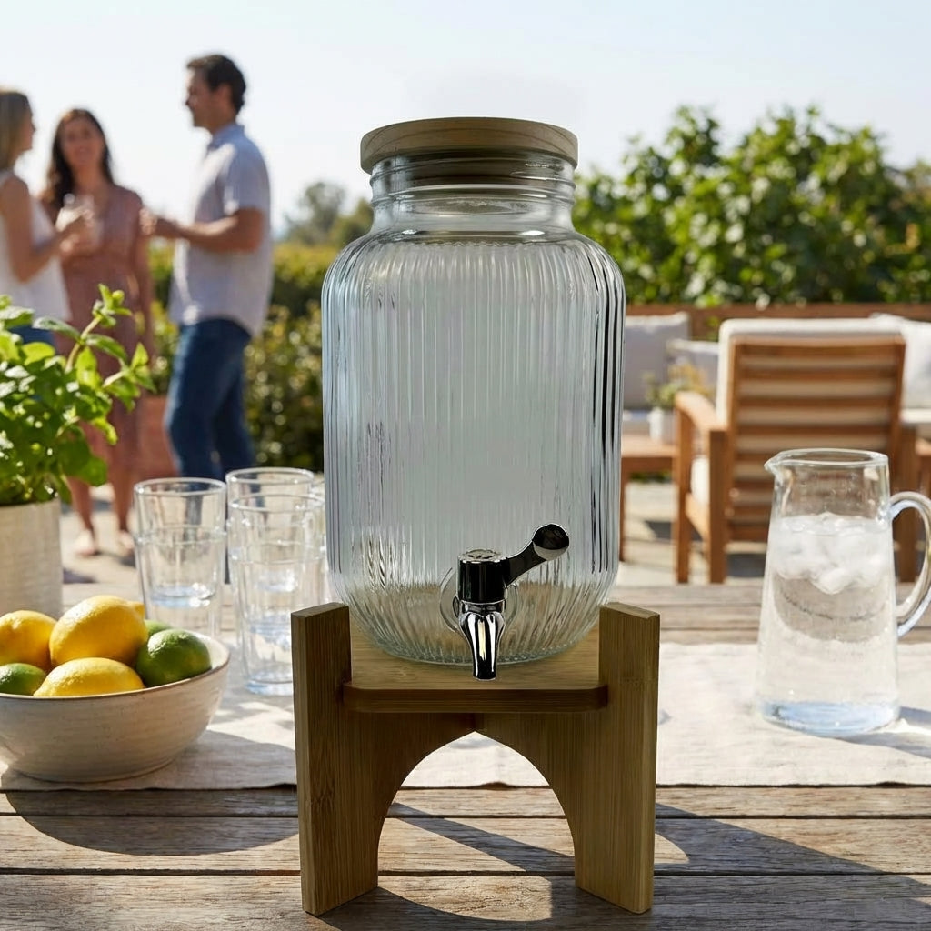 Glass Jar Water Dispenser with Wood Stand, Rectangular Juice Dispenser with Wooden Top, Drink Dispenser for Iced Tea and Home Party Supplies