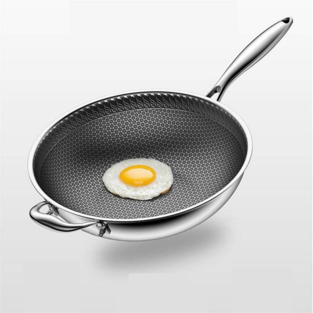Stainless Steel Wok, 304 Nonstick Frying Pan, Hexagonal Surface, No Coating, Scuff Resistant, Flat Bottom, Chef Kitchen