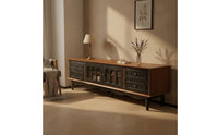 Solid Wood TV Cabinet Vintage TV Stand Striped Media Console Low-Slung for Homeowners