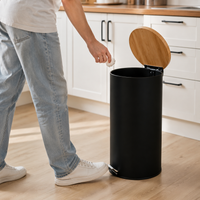 Round Trash Can Kitchen 30L, Step Trash Can with Wooden Lid, Odor-Sealed Trash Bin for Household