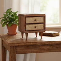 Wooden Rattan Drawer Box Handwoven Cane Front Mini Desk Storage Box Space Saving