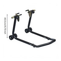 Steel stand lifts motorcycle wheels.