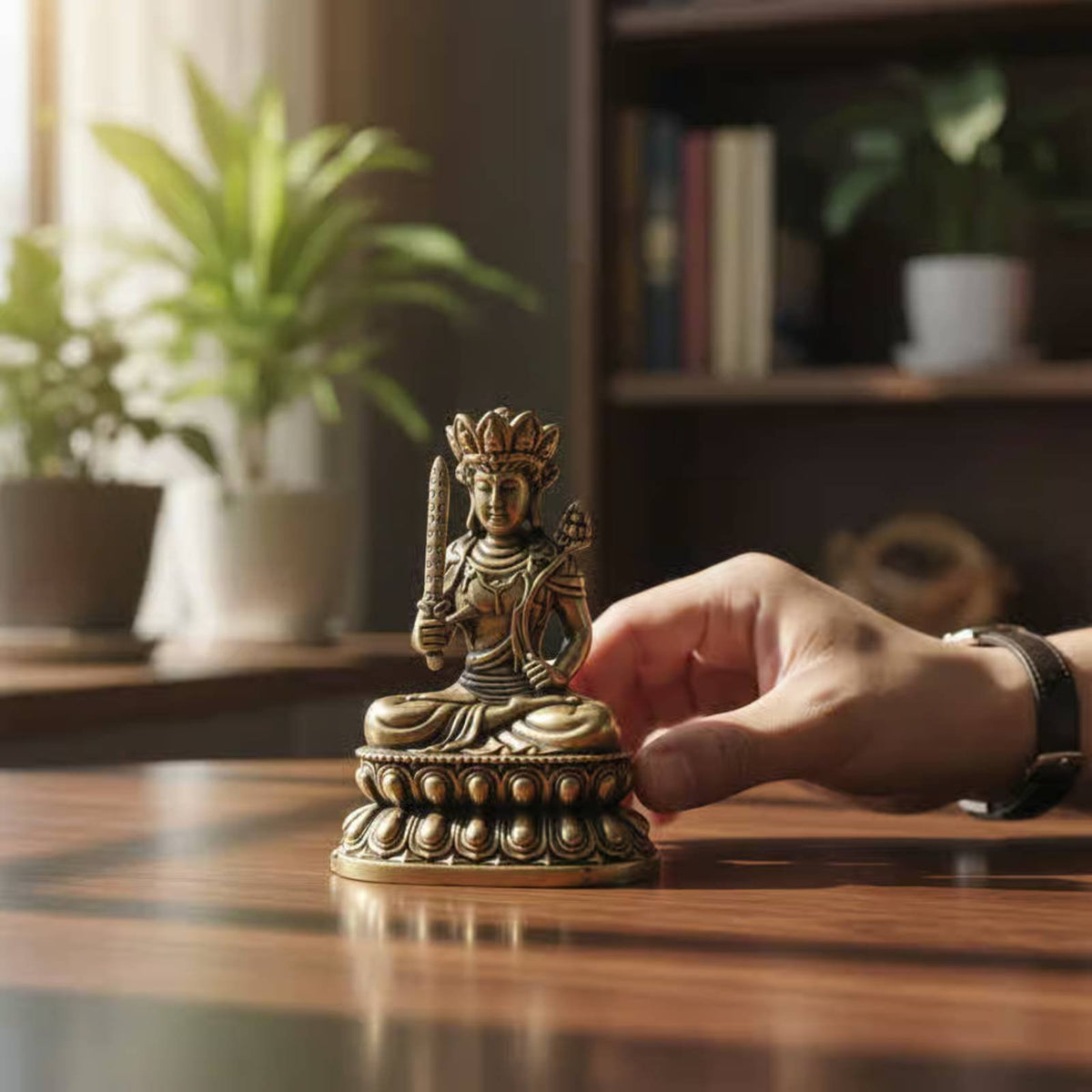 Brass Ākāśagarbha Bodhisattva Statue Collectible Akasagarbha Bodhisattva Figurine Seated Religious Sculpture Handmade for Altar