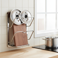 Walnut Wood & 304 Stainless Steel Wall-Mounted Pot Lid Holder with Drip Tray, No-Drill Kitchen Organizer for Cutting Boards