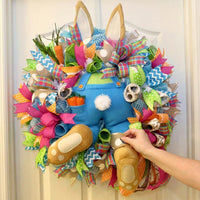 Easter Bunny Wreath Festive Atmosphere Bunny Ribbon Wreath Multi-Layered Ribbons Spring Door Decoration for Homeowners, Porch, Living Room, Fireplace