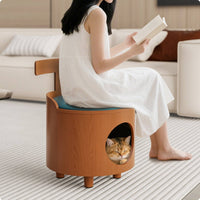 Enclosed Cat Sleeping House Closed Feline-Focused Design Bed Stool Wood Grain Look Animal Furniture for Cats
