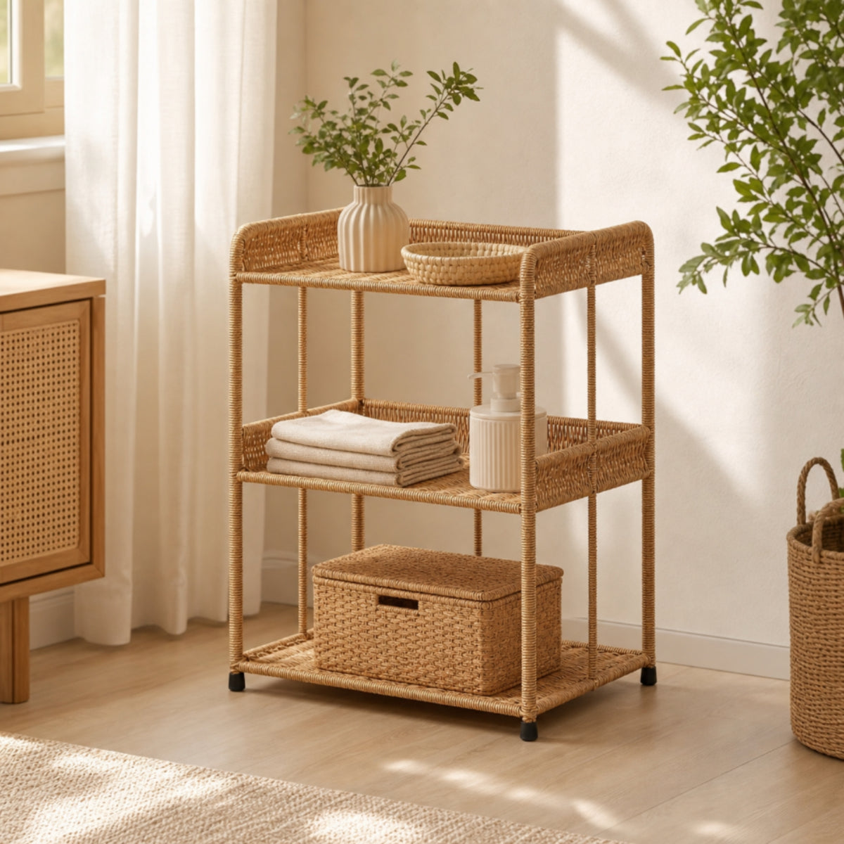 3-Tier Rattan Organizer Boho Rattan Storage Rack Bohemian Woven Organizer Rack for Bedroom, Living Room