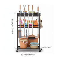 AllComplete Cleaning Tool Storage Rack Freestanding Broom Holder with Cleaning Supplies Organizer Wheeled Mop and Broom Holder Upright for Homeowners, Janitors, Utility Room, Garage, Closet