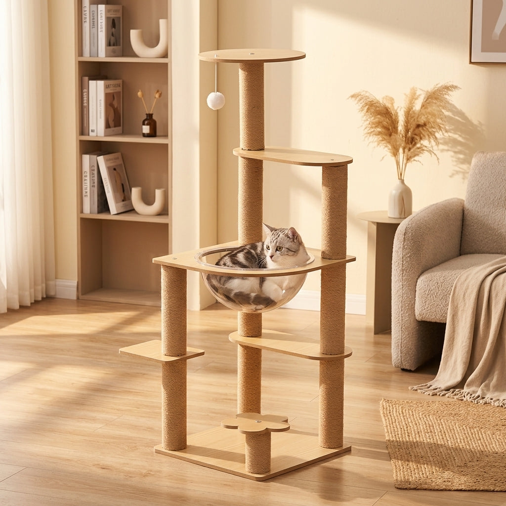 Cat Activity Center and Activity Centre with Ramp, Density Board Multi Level Wood Condo, Kitten Activity Center for Large Cats and Indoor Cats