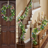 Decorative Easter Egg Ribbon Garland Bright Colors Easter Flower and Egg Garland Festive Atmosphere Spring Flower Vine for Indoor, Fireplace, Doorway