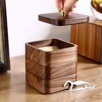 Solid Wood Dental Floss and Toothpick Storage Box with Lid, New Chinese Style, Black Walnut