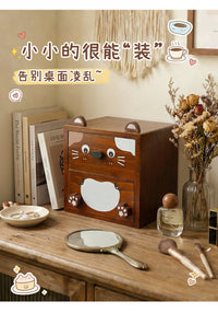 小猫实木桌面收纳盒抽屉式杂物整理盒可爱卡通创意化妆品抽屉收纳
