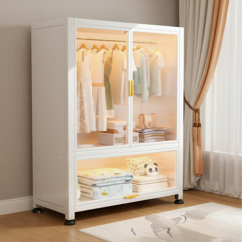 1 Piece Metal Wardrobe Cabinet Steel Storage Dustproof Bedroom Wardrobe Large Capacity Easy Assembly Carbon Steel Frame Suitable for Families Dorm Room Home Office Garage