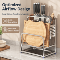 Utensil Holder, 304 Stainless Steel Knife Block with Drip Tray, Freestanding Kitchen Organiser for Knives, Chopping Boards, Pot Lids & Chopsticks