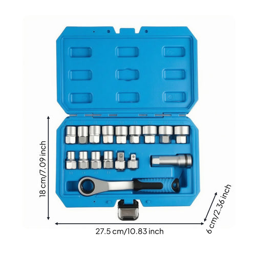 17 Pieces Through-Center Ratchet Socket Set Metric Sizes 12-12-Cornered Fastener Tool Set Molded Storage
