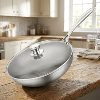 Frying Pan for Stir Fry and Wok Induction Hob Cooking, Stainless Steel Wok with Lid and Honeycomb Surface, Flat Bottom Pan, Electric Gas Use