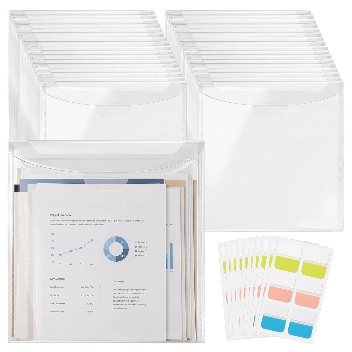 32-Piece Scrapbook Paper Storage Box with 60 Adhesive Index Labels, Clear Plastic Craft Paper Organizer