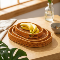 3 Pieces Oval Woven Tray Raised Rim Handwoven Serving Basket Decorative