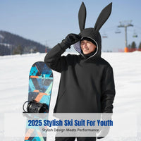 Ski Suit with Hare Ear Hoodie, Windproof Waterproof, Outdoor Snowboard, Unisex