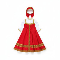 Red Folk Costume Dress Gold Trim Costume Dress with Headpiece Long Sleeve
