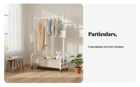 Mobile Design Wheeled Clothing Rail with footwear shelf Space-Saving Clothes Stand Easy Assembly Garment Organizer Minimalist design for Apartment Dwellers, Homeowners, Students, Bedroom, Dorm Room, Entryway, Cloakroom