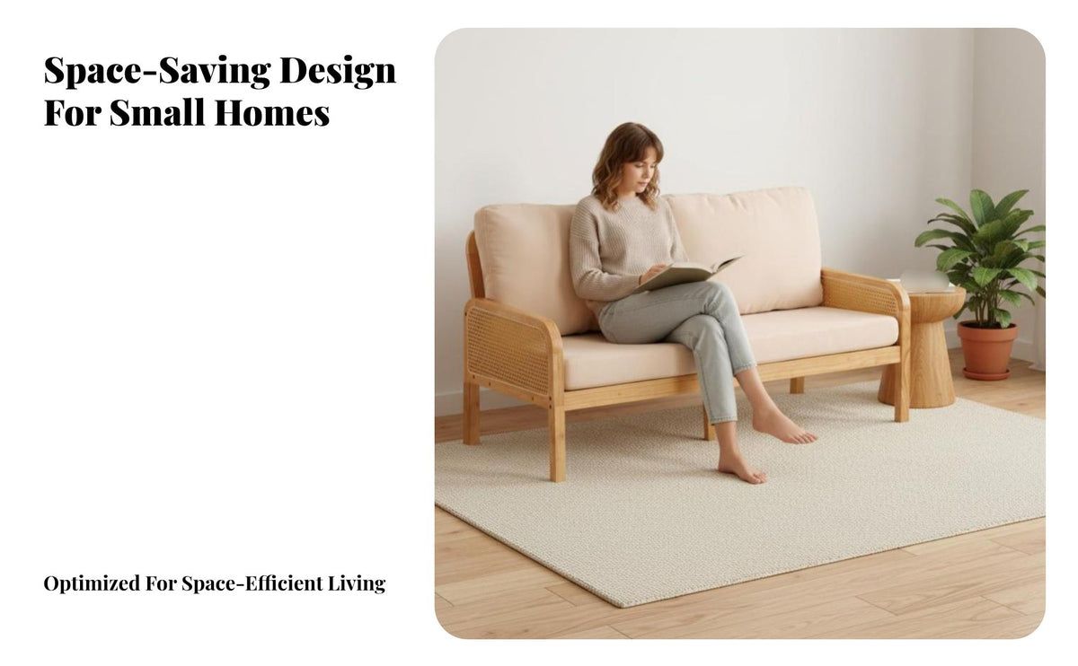 full wood Wood Frame Rattan side Sofa space-saving Size Cane Webbing Settee Woven siderests Living Room Furniture Minimalist Design for Guesthouse Owners, Apartment Dwellers, Lounge, Reception Area, Bedroom, Entryway
