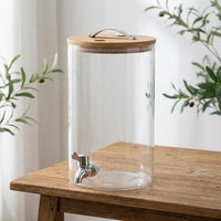 Water Dispenser with Bamboo Base, Cylindrical Juice Dispenser and Drink Dispenser, Modern Glass Pitcher for Iced Tea and Home Beverage Serving