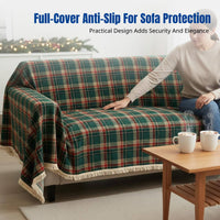 Christmas Sofa Cover, Classic Vintage Plaid Throw, Non-Slip Full Cover with Tassels, Holiday Decor