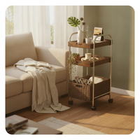 2-Tier Rolling Table Rattan Weave Accent 2-Tier Rolling Organizer Mobile Design Wood Top for Apartment Dwellers, Students