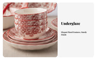 Wedding Housewarming Tableware Set, Flower Queen Underglaze Porcelain, Festive Red Bowl and Plate, Gift for Friends
