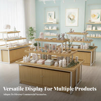 3-Tier Promotional Display Table Versatile Retail Island Display Shelf Versatile Steel and Wood Supermarket Rack for Retailers, Convenience Stores