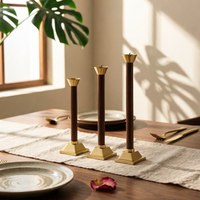 3 Pieces Modern-Retro Taper Candle Holder Brass-Colored Taper Candle Holder with Metal Cup Slim Candlestick with Wooden Stem Tapered for Tabletop, Dining Table, Mantel