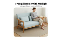 Paded Wood Frame Settee Japanese Design Upholstered Wood Frame Settee Space-Efficient Size Splayed Legs for Perusing Corner