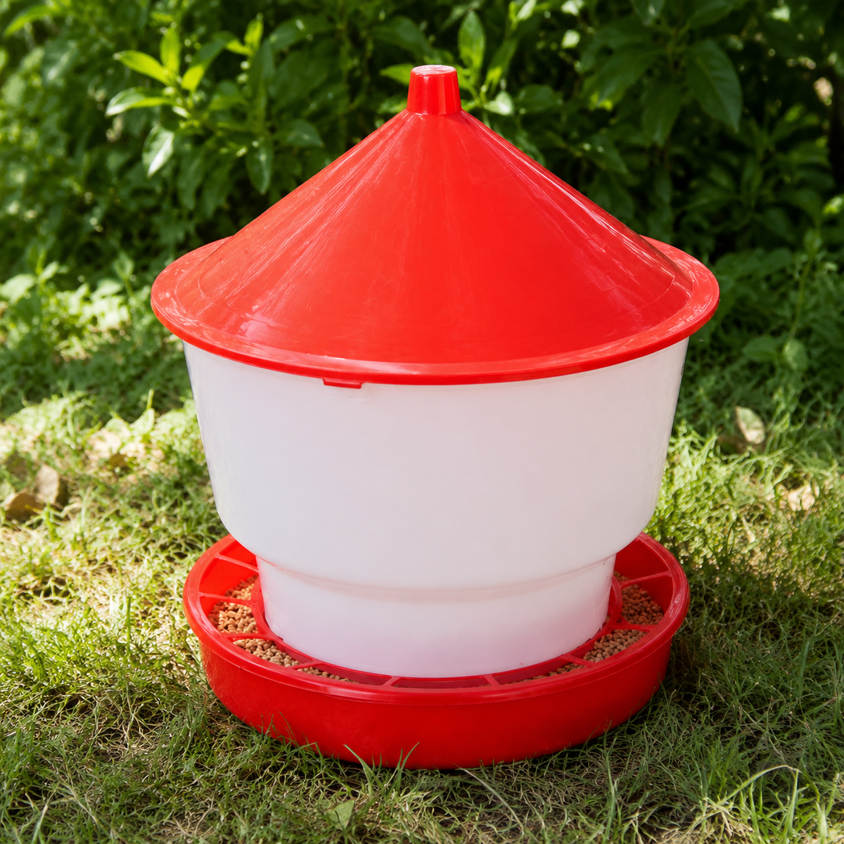 Poultry Automatic Feeder, Hopper Type, Chicken Feeder, Plastic, Red and White, Rainproof