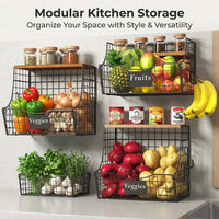 Kitchen Storage Hanging Basket with Wooden Lids for Vegetable Wall or Countertop Wire Rack, Foldable Design for Home