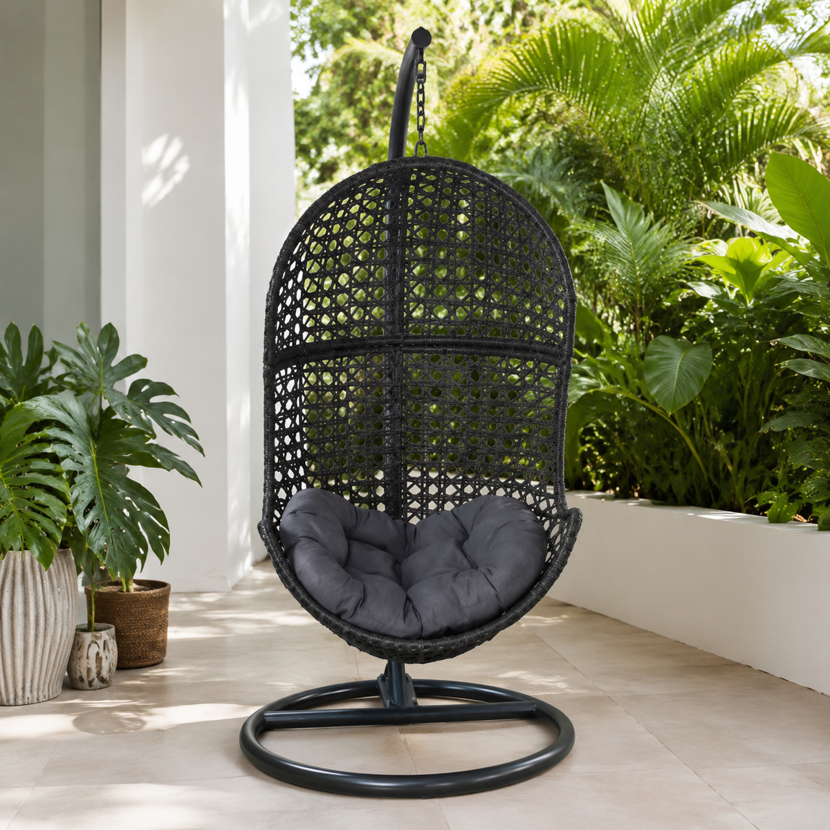 Black Metal Hanging Egg Chair, Bamboo Swing Chair for Kids with Stand, Indoor Outdoor Hammock Chair for Garden Patio, 75x75x195cm