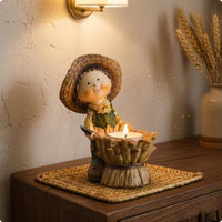 Straw-Hat Child Candle Holder Table Centerpiece Harvest Candle Holder Figurine
