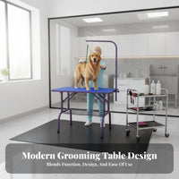 Non-Slip Surface Pet Grooming Table Stainless Steel Legs Adjustable Grooming Table with Arm Heavy-Duty Construction Pet Trimming Stand Wobble-Stable Stability for Professional Groomers, Home Use