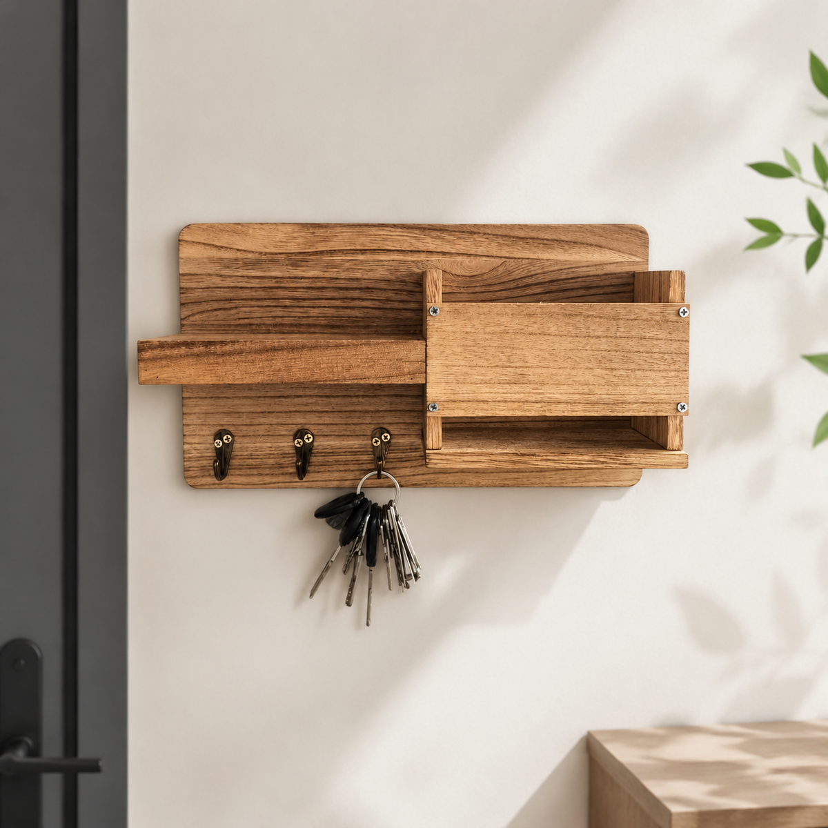 Rustic Key Rack, Wall Organizer Made of Natural Material, Wardrobe Rail with Shelf and Hooks for Hallway, Entrance Area