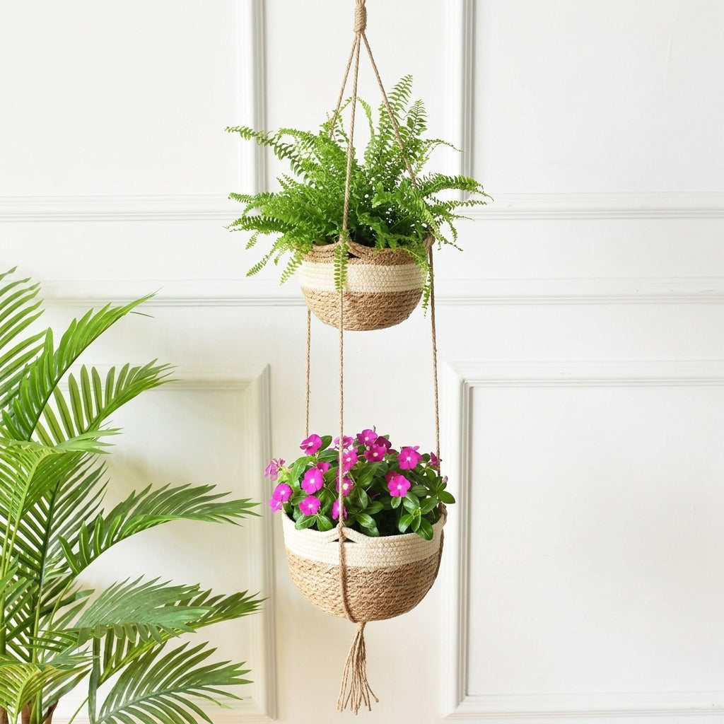 Plant Pots and Hanging Basket for Indoor Plant Pot Decor, Handmade Woven Seagrass Planter, Wall Planter with Hook, 1 Pack Outdoor Plant Pot