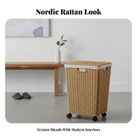 Wheeled Laundry Cart with Lid Faux Rattan Design Rolling Laundry Cart for Adults