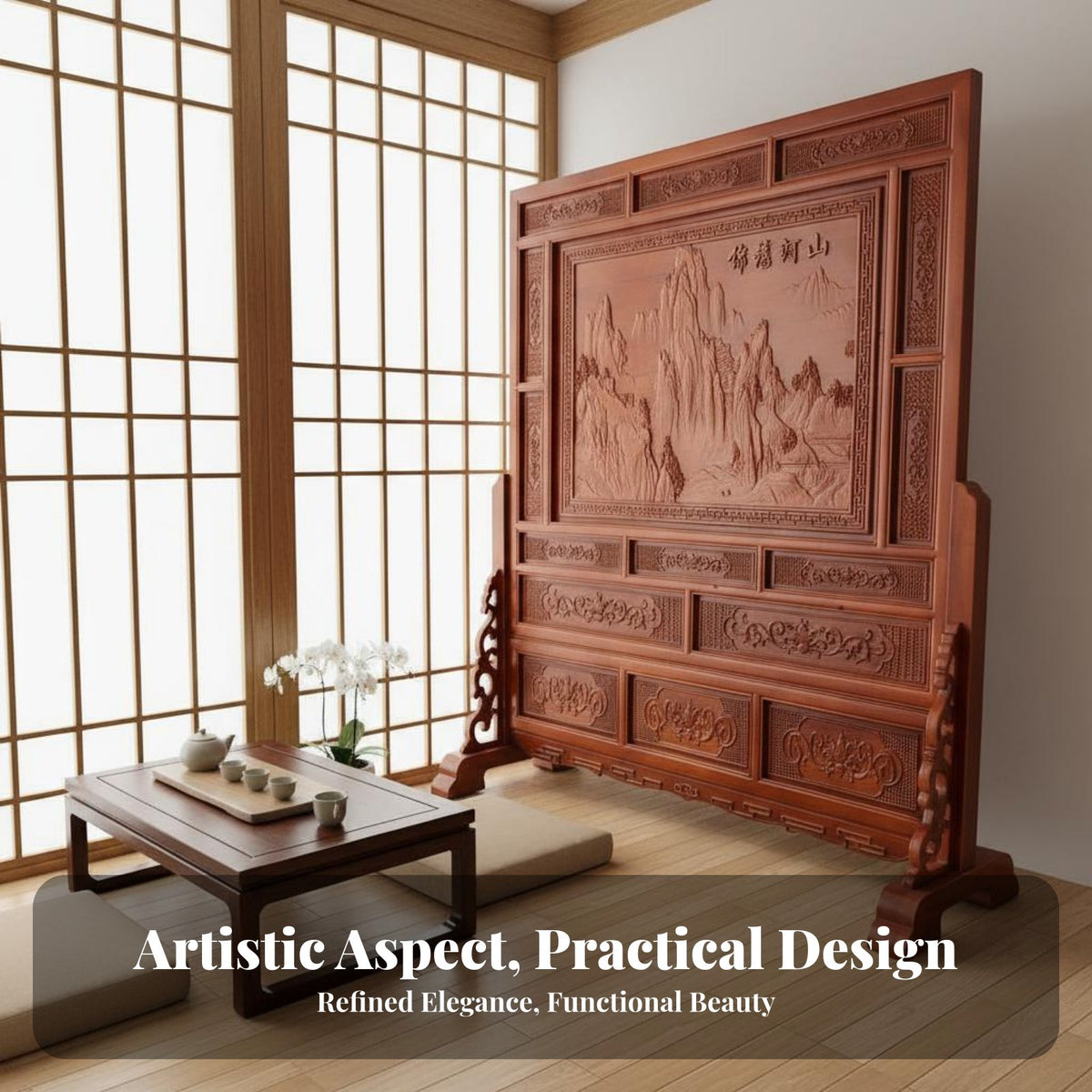 Chinese Design Floor Screen Double-Sided Carving Carved Wood Screen Feng Shui Accent Solid Wood Partition for Homeowners, Entrance Hotel, Bedroom