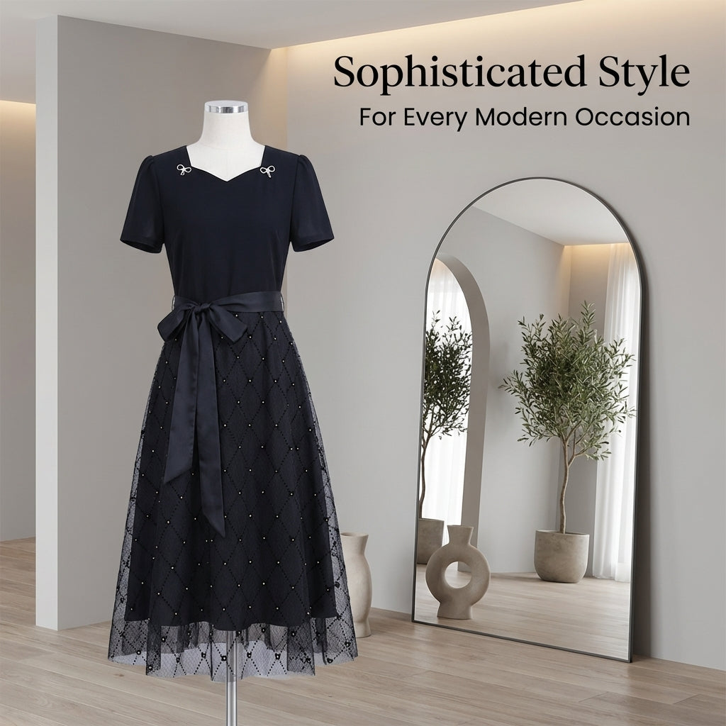 Summer Dress for Plus Size Women with Mesh Panel Overlay, Elegant Midi for Wedding Guest and Business Casual