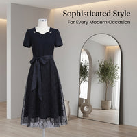 Summer Dress for Plus Size Women with Mesh Panel Overlay, Elegant Midi for Wedding Guest and Business Casual
